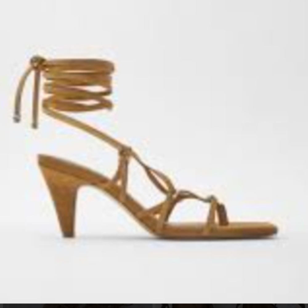 Zara Summer Camel Strappy Sandals with Kitten Heel